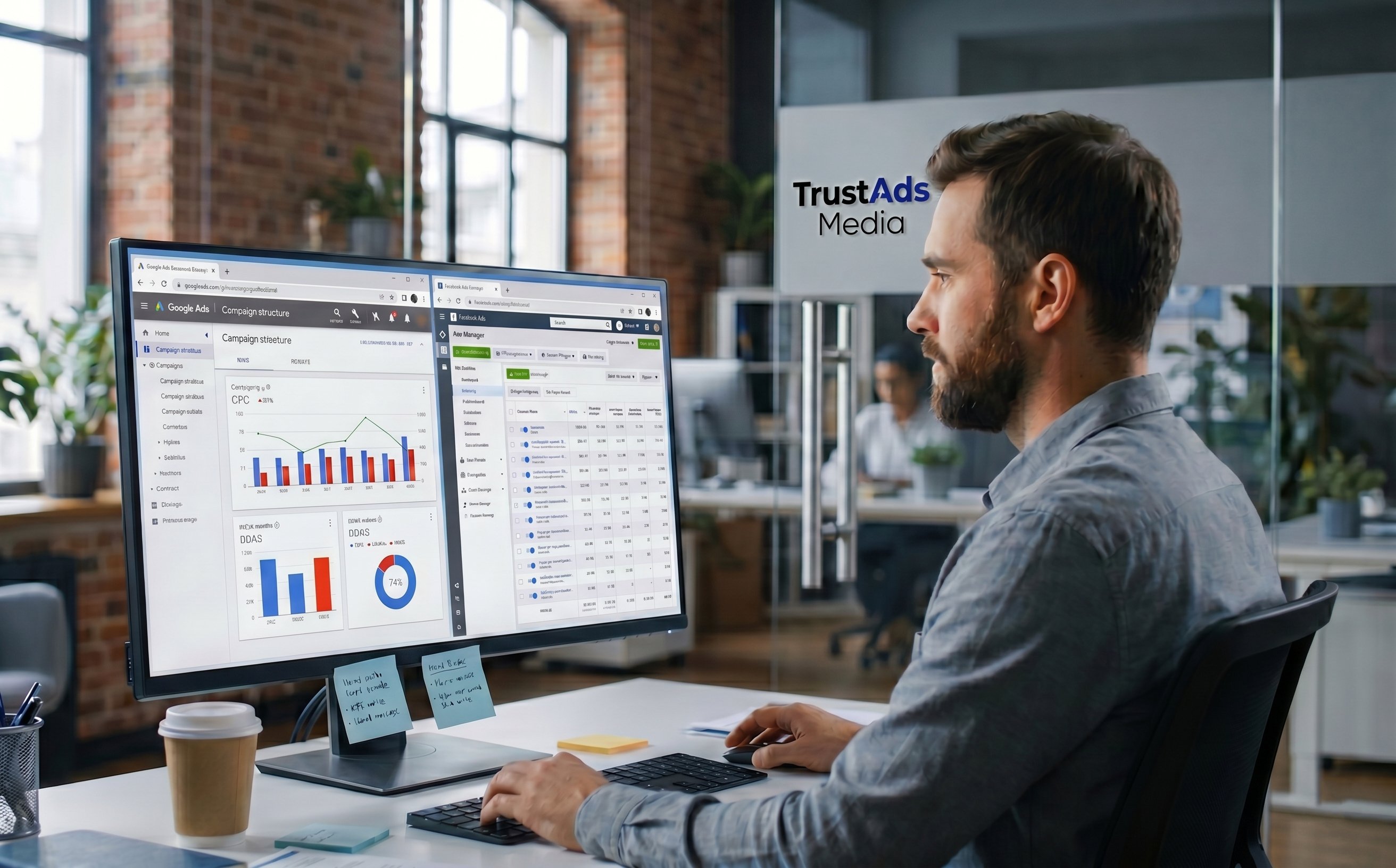 Analytics and marketing performance graphs on screen