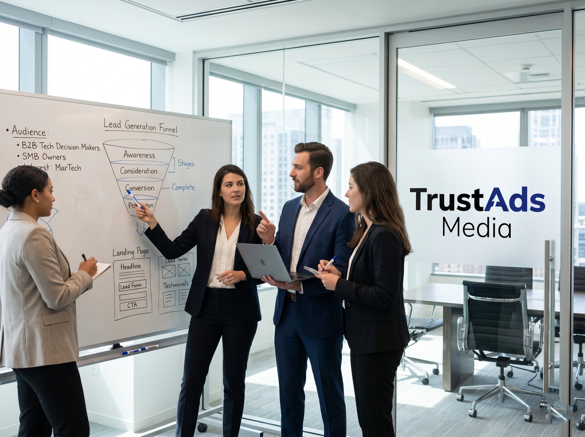 Marketing team executing lead generation campaign