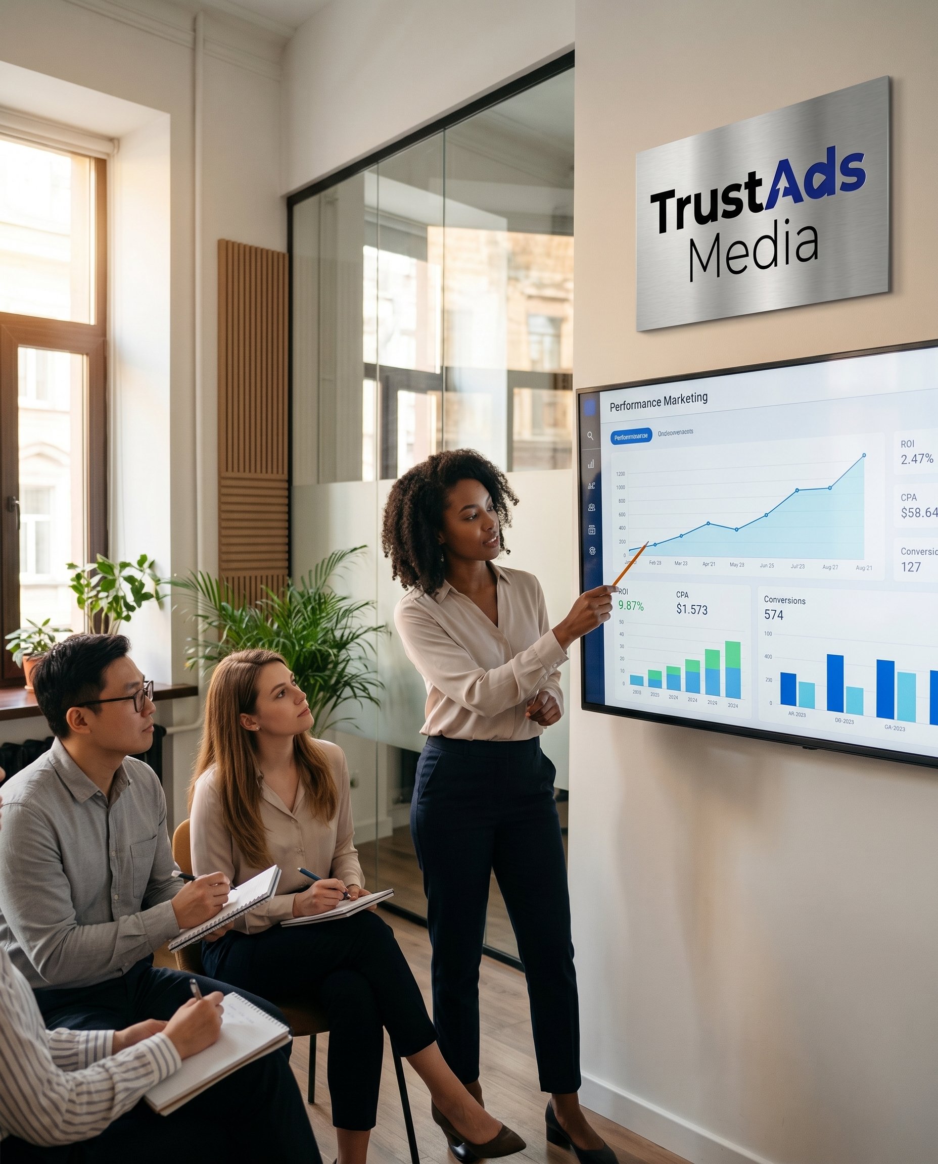 Trustads Media team collaborating on marketing strategy
